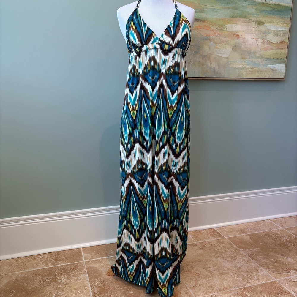 Coastal Beach Colorful Halter Maxi Sundress Sz M